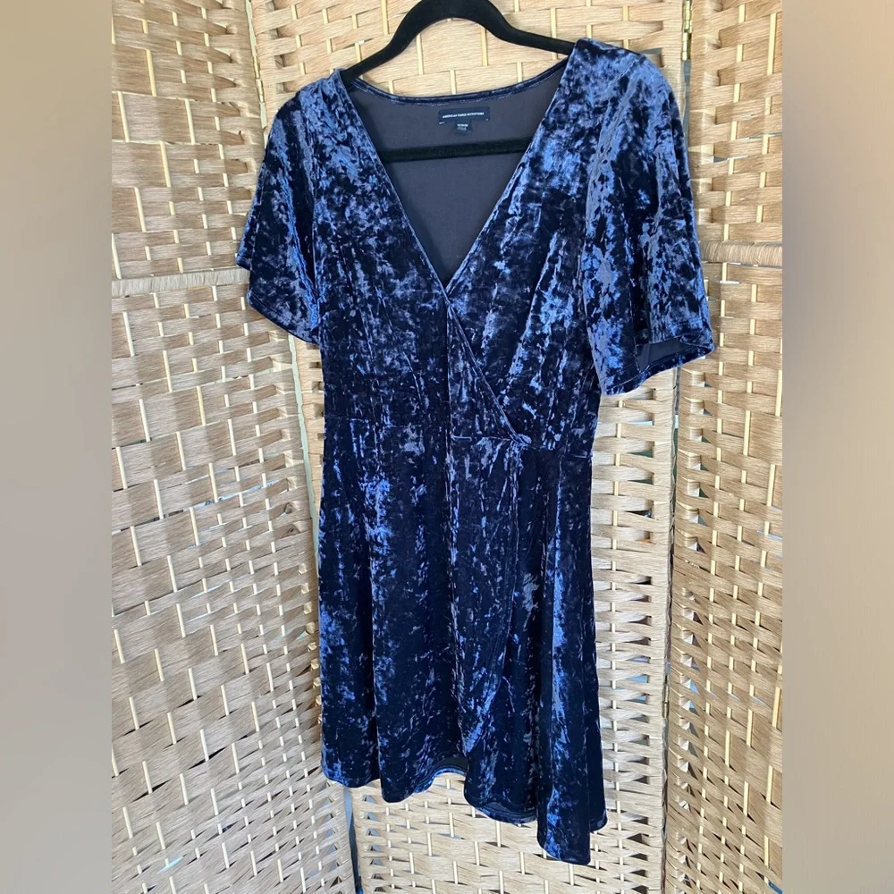 American Eagle Outfitters Crushed Velvet V-Neck Mini Dress - Navy - Picture 2 of 8